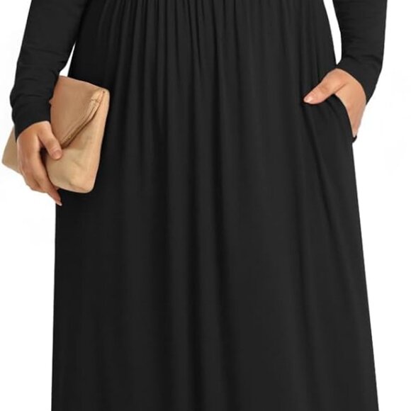 Plus Size Maxi Dress Rayon Spandex Long Sleeves Pockets Casual Autumn - Picture 1 of 5